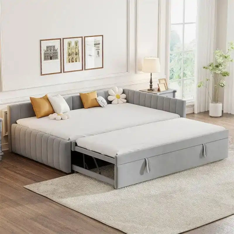 Upholstered Daybed with Twin Size Pop-Up Trundle and L-Shaped Backrest