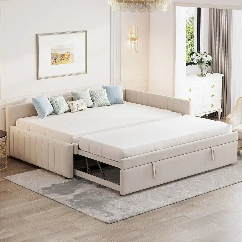 Upholstered Daybed with Twin Size Pop-Up Trundle and L-Shaped Backrest