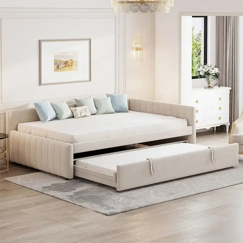 Upholstered Daybed with Twin Size Pop-Up Trundle and L-Shaped Backrest