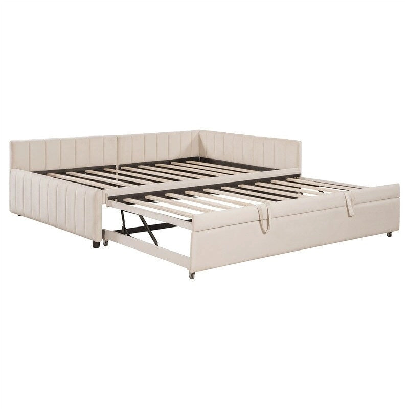 Upholstered Daybed with Twin Size Pop-Up Trundle and L-Shaped Backrest