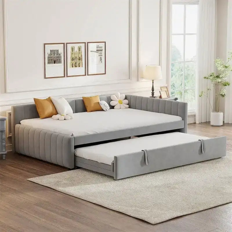 Cama nido tapizada con cama nido emergente individual y respaldo en forma de L