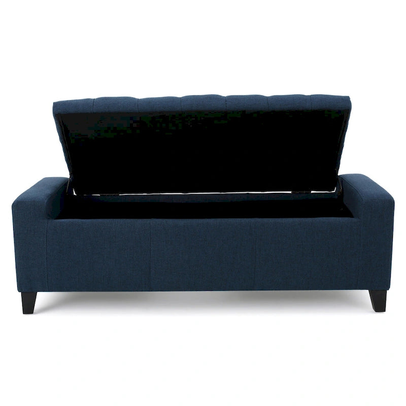 Banc ottoman avec rangement, 51 pouces, tissu bleu foncé à capitonnage profond