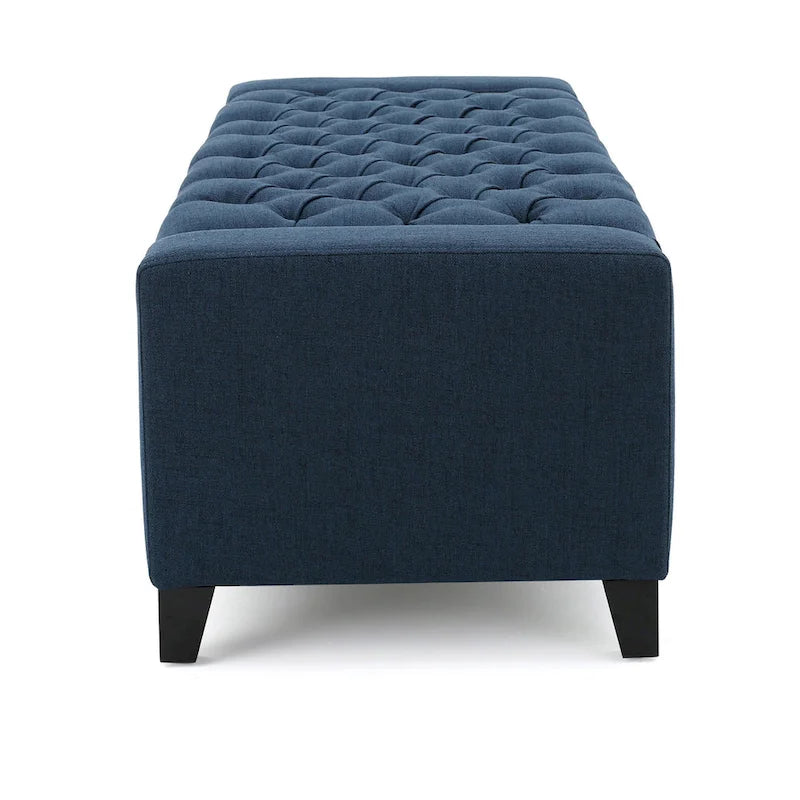 Storage Ottoman Bench, 51 Inch, Deep Button Tufted Dark Blue Fabric