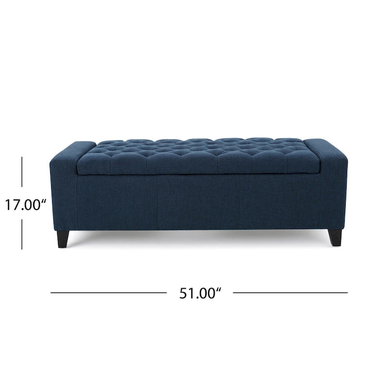 Storage Ottoman Bench, 51 Inch, Deep Button Tufted Dark Blue Fabric