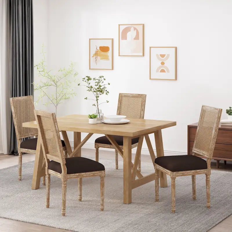 Wood and Cane Upholstered Dining Chair (Set of 4)