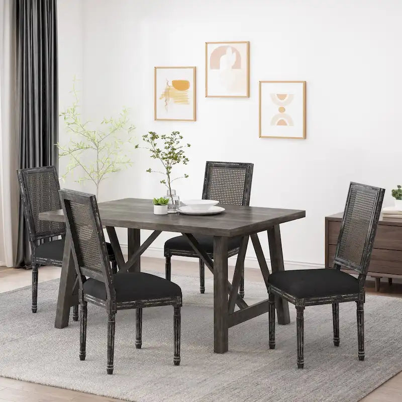 Sedia da pranzo in legno e canna intrecciata imbottita (set da 4)