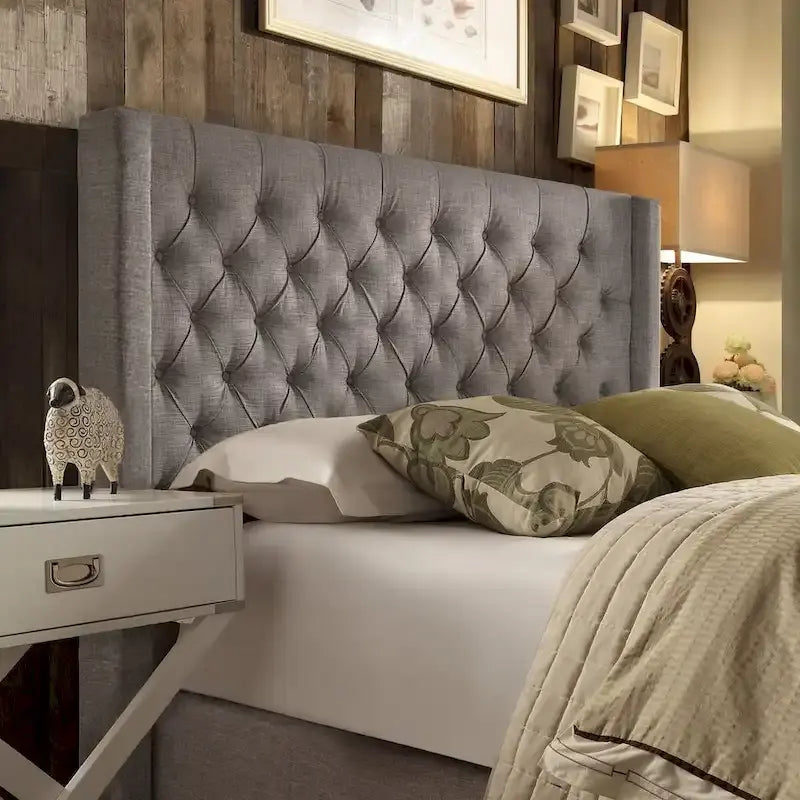 Queen Wingback Button Tufted Linen Fabric Headboard