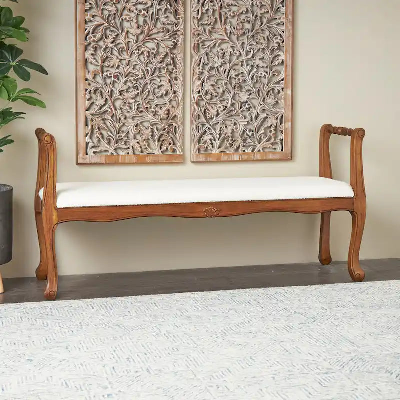 Banc avec accoudoirs en tissu, pieds tournés en bois brun traditionnel – crème