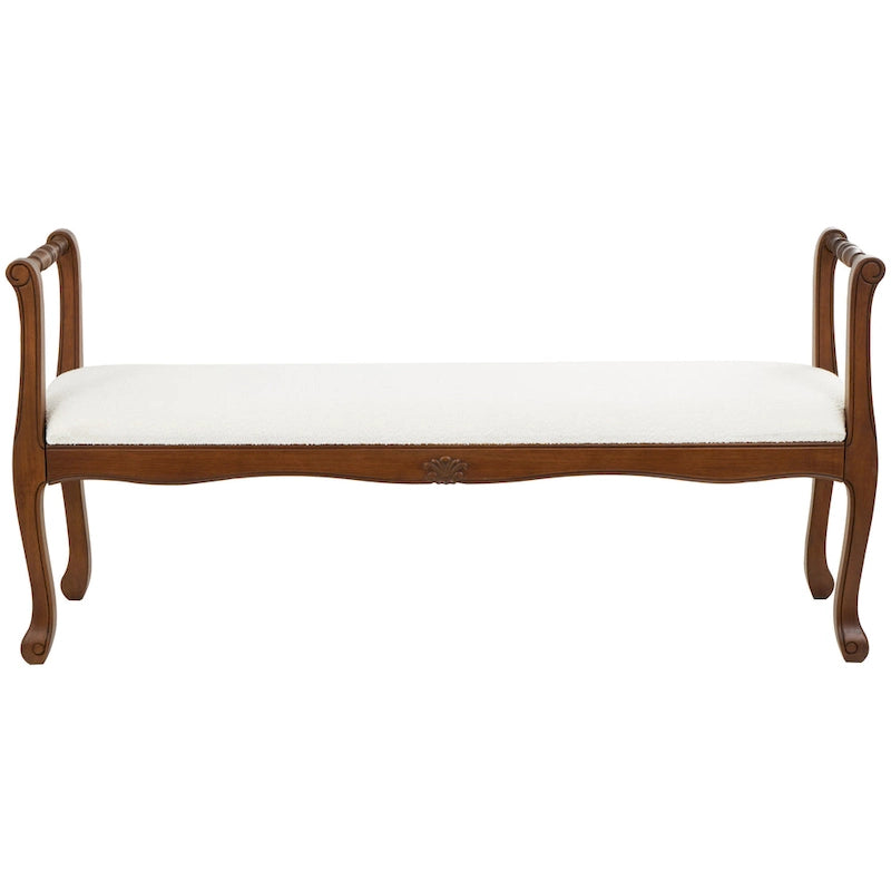Banc avec accoudoirs en tissu, pieds tournés en bois brun traditionnel – crème