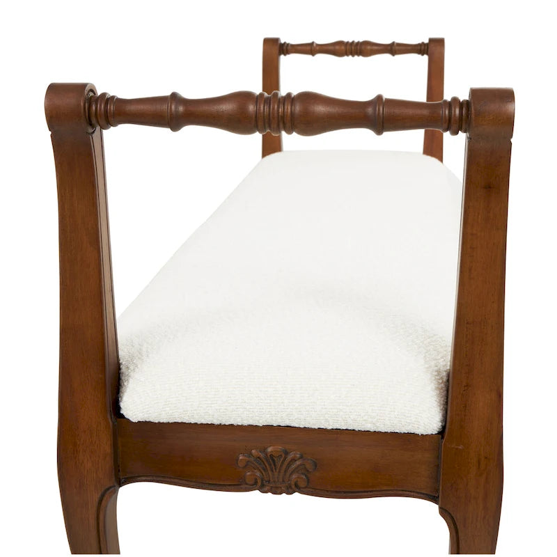 Banc avec accoudoirs en tissu, pieds tournés en bois brun traditionnel – crème