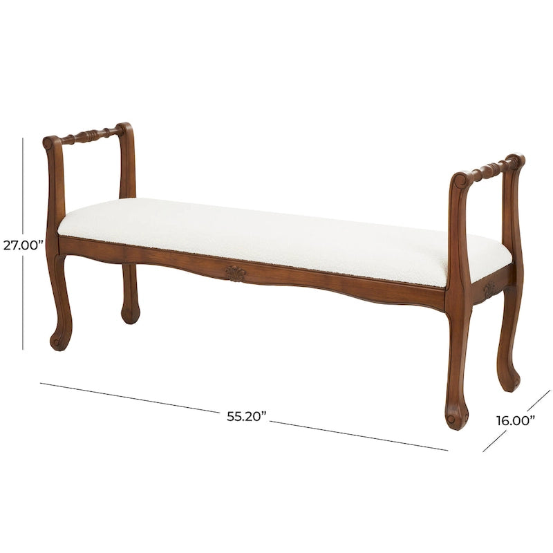 Banc avec accoudoirs en tissu, pieds tournés en bois brun traditionnel – crème