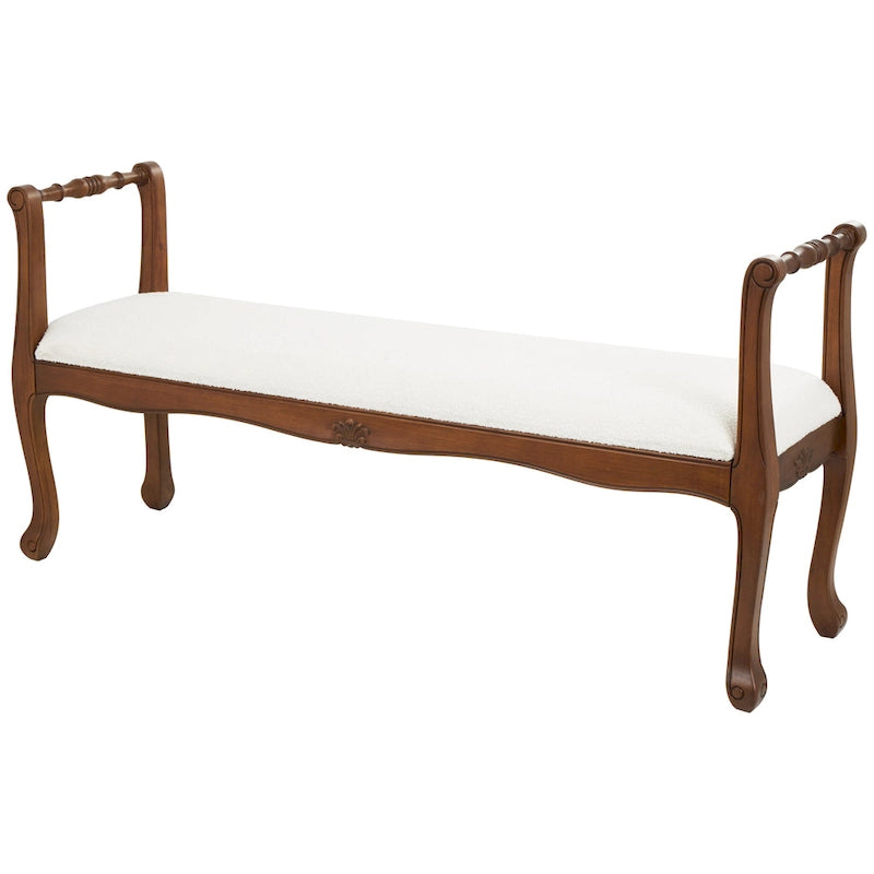 Banc avec accoudoirs en tissu, pieds tournés en bois brun traditionnel – crème