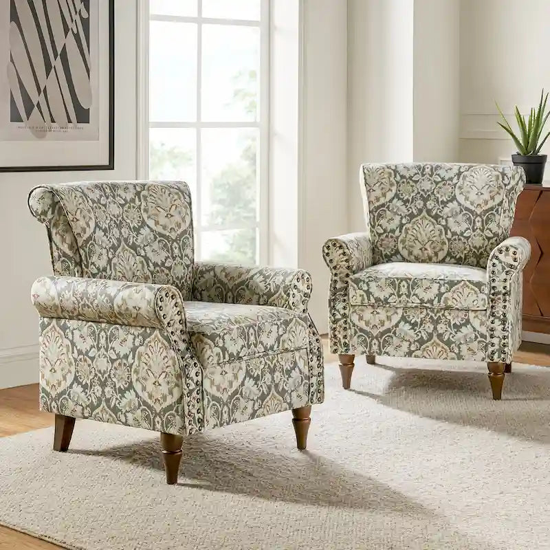 Traditional Polyester Accent Arm Chair with Pattern and Nailhead Trim, Set of 2
