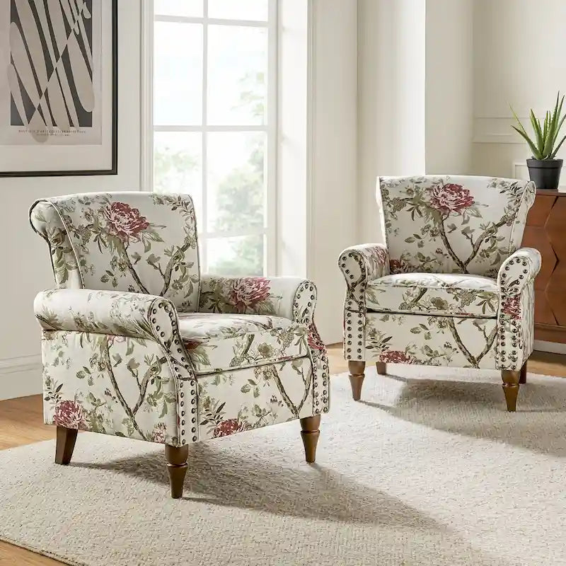 Traditional Polyester Accent Arm Chair with Pattern and Nailhead Trim, Set of 2