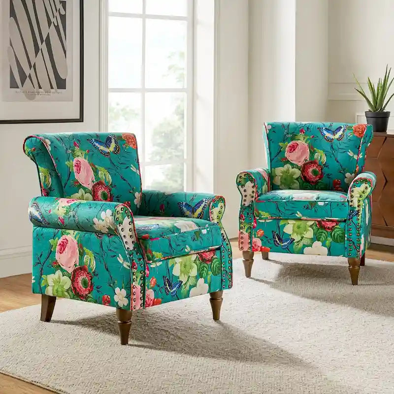 Traditional Polyester Accent Arm Chair with Pattern and Nailhead Trim, Set of 2