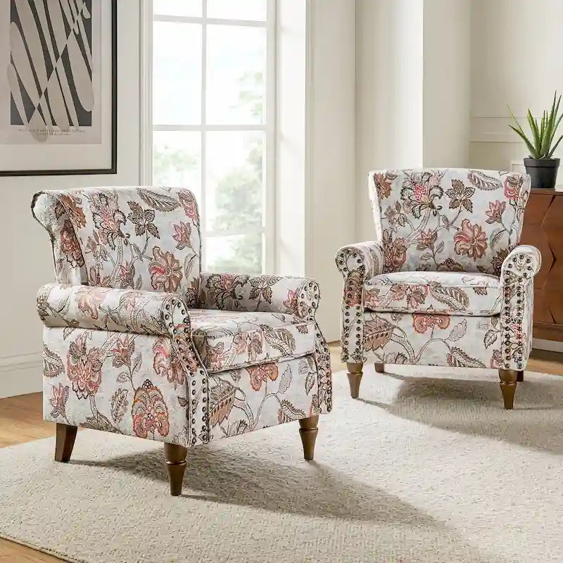 Traditional Polyester Accent Arm Chair with Pattern and Nailhead Trim, Set of 2