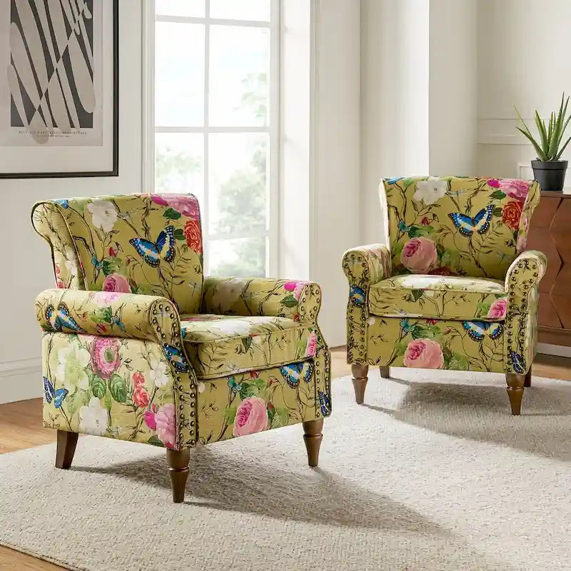 Traditional Polyester Accent Arm Chair with Pattern and Nailhead Trim, Set of 2