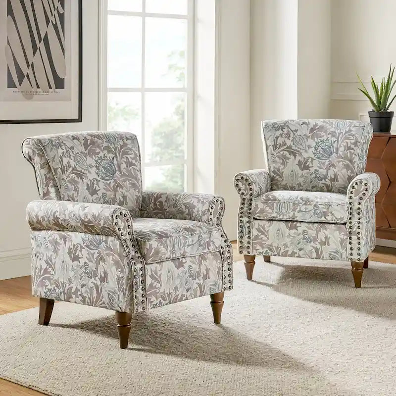 Traditional Polyester Accent Arm Chair with Pattern and Nailhead Trim, Set of 2