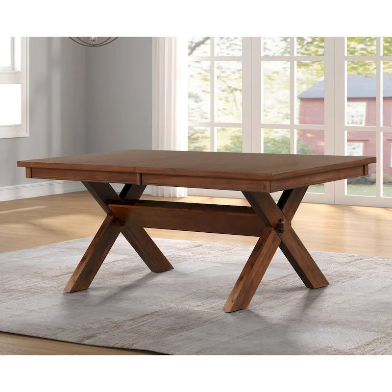 Tavolo da pranzo allungabile con gambe a cavalletto in legno e prolunga, color nocciola scuro