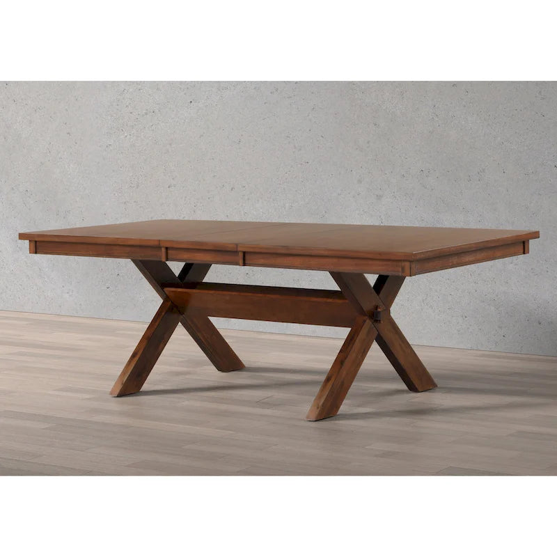 Tavolo da pranzo allungabile con gambe a cavalletto in legno e prolunga, color nocciola scuro
