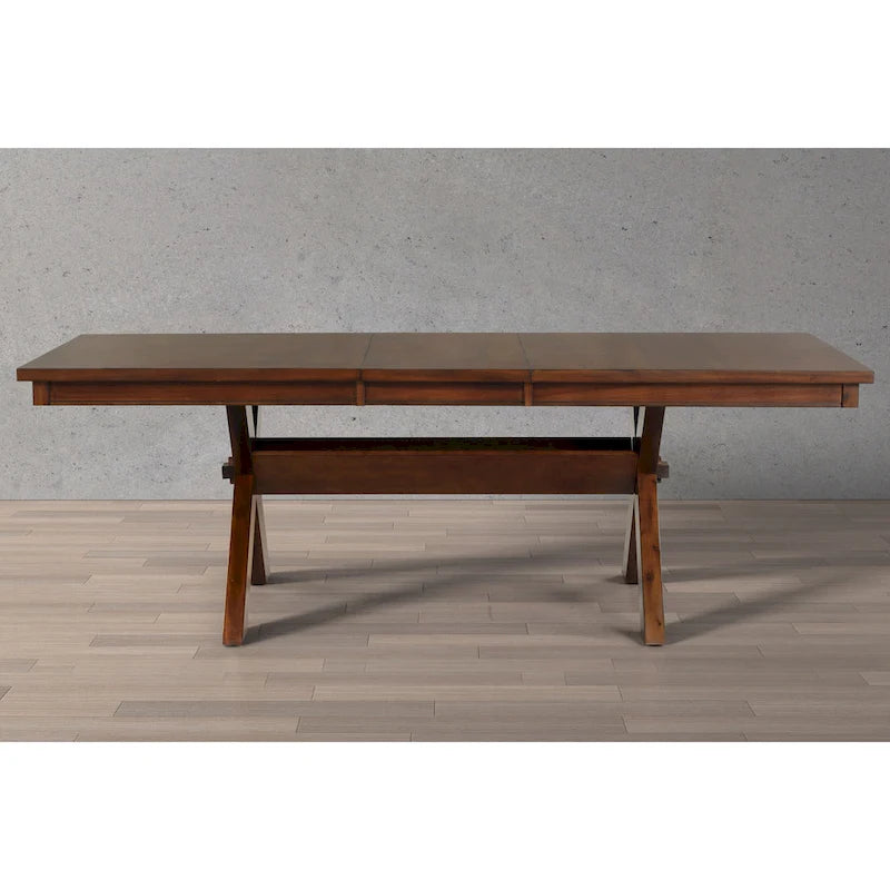 Tavolo da pranzo allungabile con gambe a cavalletto in legno e prolunga, color nocciola scuro