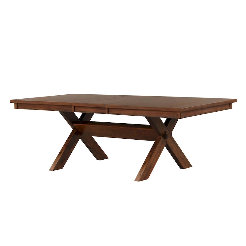 Tavolo da pranzo allungabile con gambe a cavalletto in legno e prolunga, color nocciola scuro