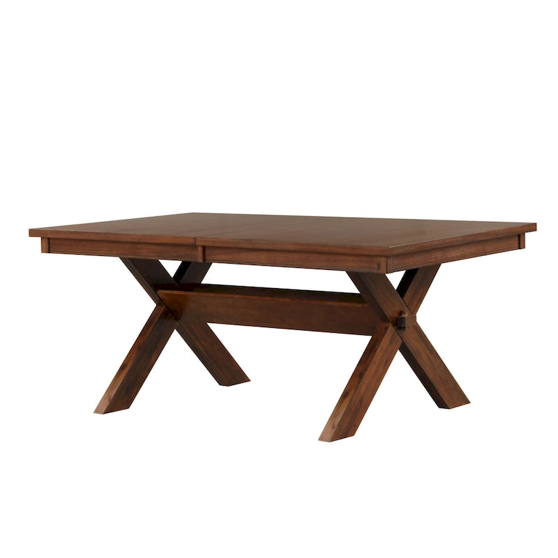 Tavolo da pranzo allungabile con gambe a cavalletto in legno e prolunga, color nocciola scuro