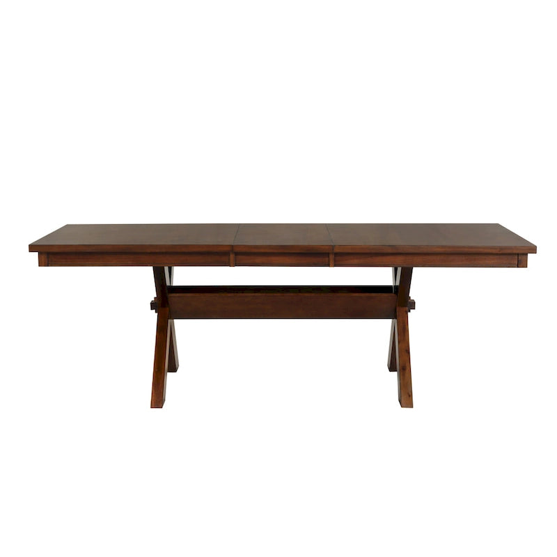 Tavolo da pranzo allungabile con gambe a cavalletto in legno e prolunga, color nocciola scuro