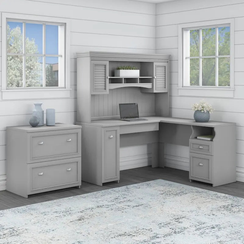 60W L Shaped Desk with Hutch and Lateral File Cabinet