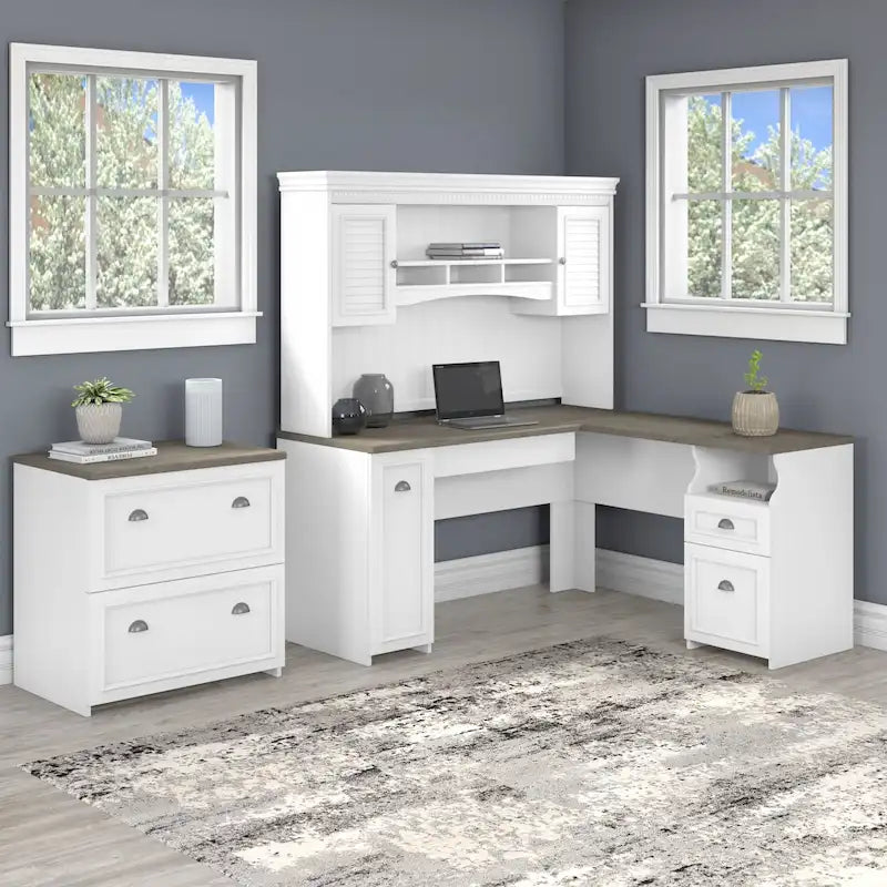 60W L Shaped Desk with Hutch and Lateral File Cabinet