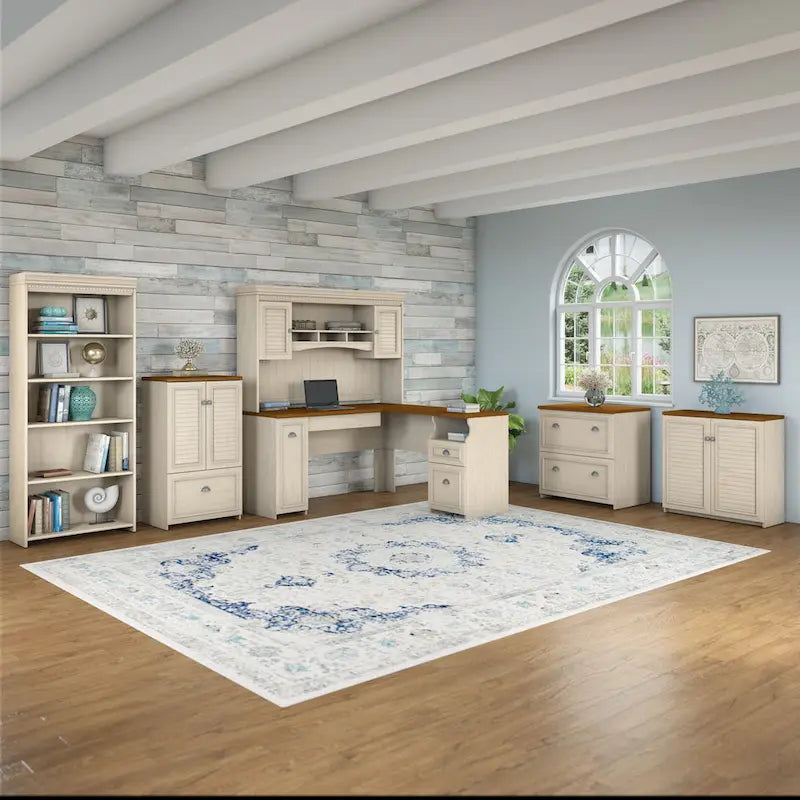 60W L Shaped Desk with Hutch and Lateral File Cabinet