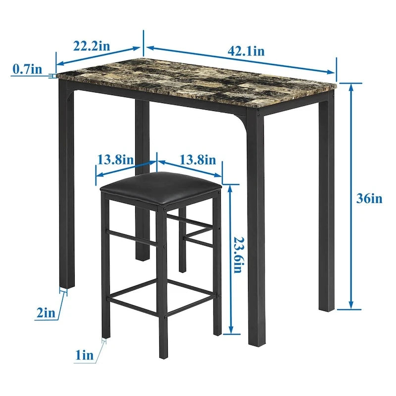 Juego de mesa de comedor de 3 piezas para barra, con superficie de mármol sintético