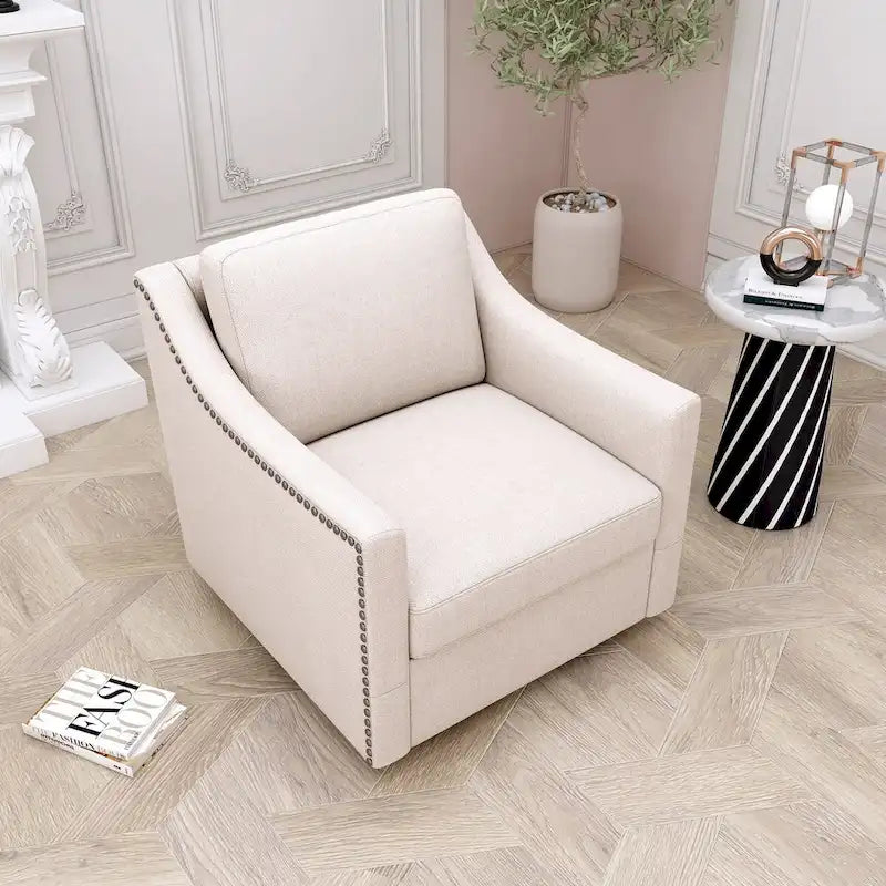 360-degree Swivel Armchair Linen Blend Modern Soft Material Ergonomics With Black Legs For Indoor Home