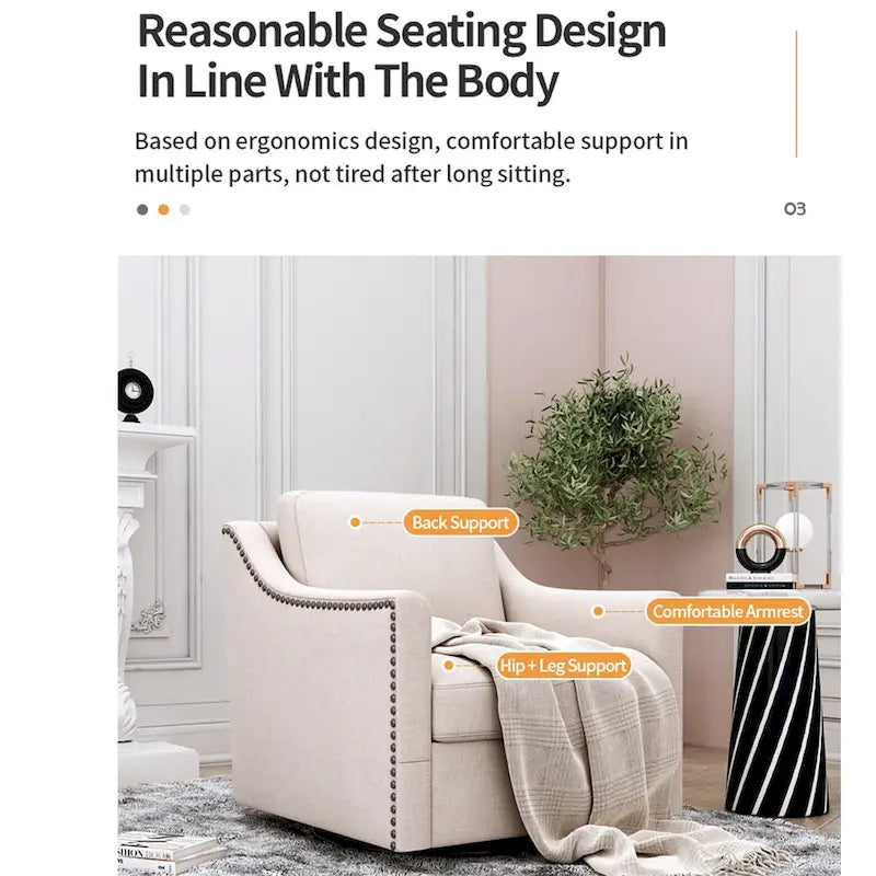 360-degree Swivel Armchair Linen Blend Modern Soft Material Ergonomics With Black Legs For Indoor Home