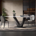 Mesa de comedor rectangular blanca moderna de 71" para 6 personas, patas de acero al carbono negro