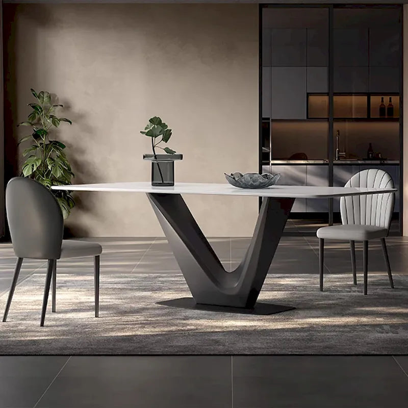 Mesa de comedor rectangular blanca moderna de 71" para 6 personas, patas de acero al carbono negro
