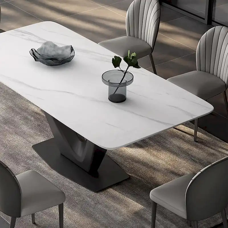 Mesa de comedor rectangular blanca moderna de 71" para 6 personas, patas de acero al carbono negro