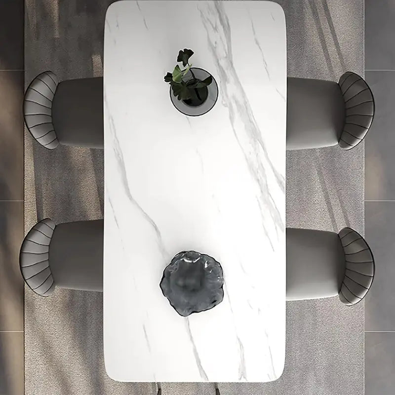 Mesa de comedor rectangular blanca moderna de 71" para 6 personas, patas de acero al carbono negro