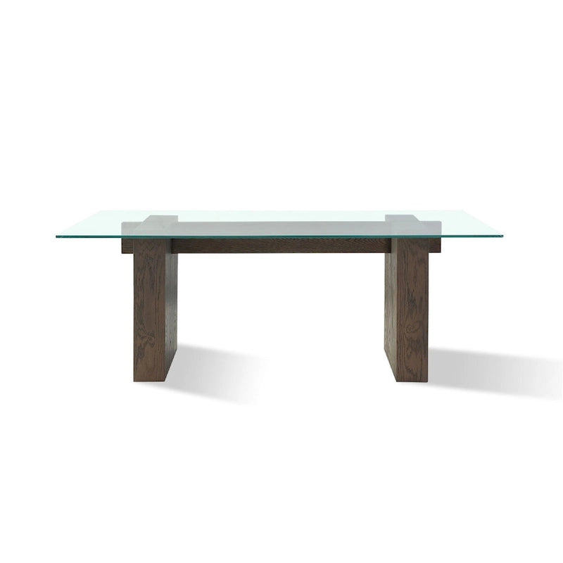 Table à manger de 80 pouces, plateau en verre, double piètement en bois, 6 places, marron