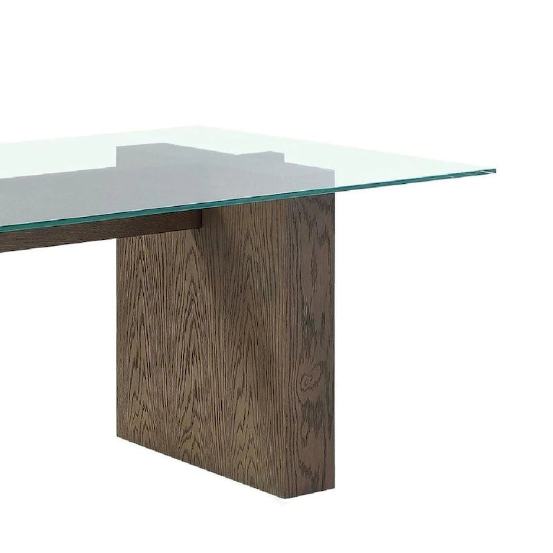 Table à manger de 80 pouces, plateau en verre, double piètement en bois, 6 places, marron