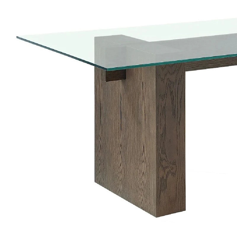 Table à manger de 80 pouces, plateau en verre, double piètement en bois, 6 places, marron
