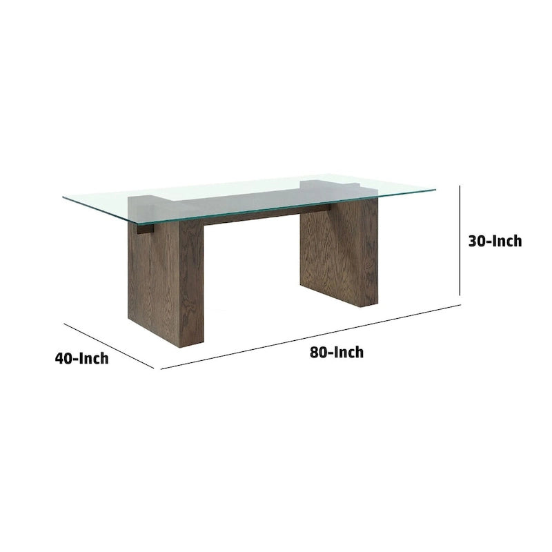 Table à manger de 80 pouces, plateau en verre, double piètement en bois, 6 places, marron