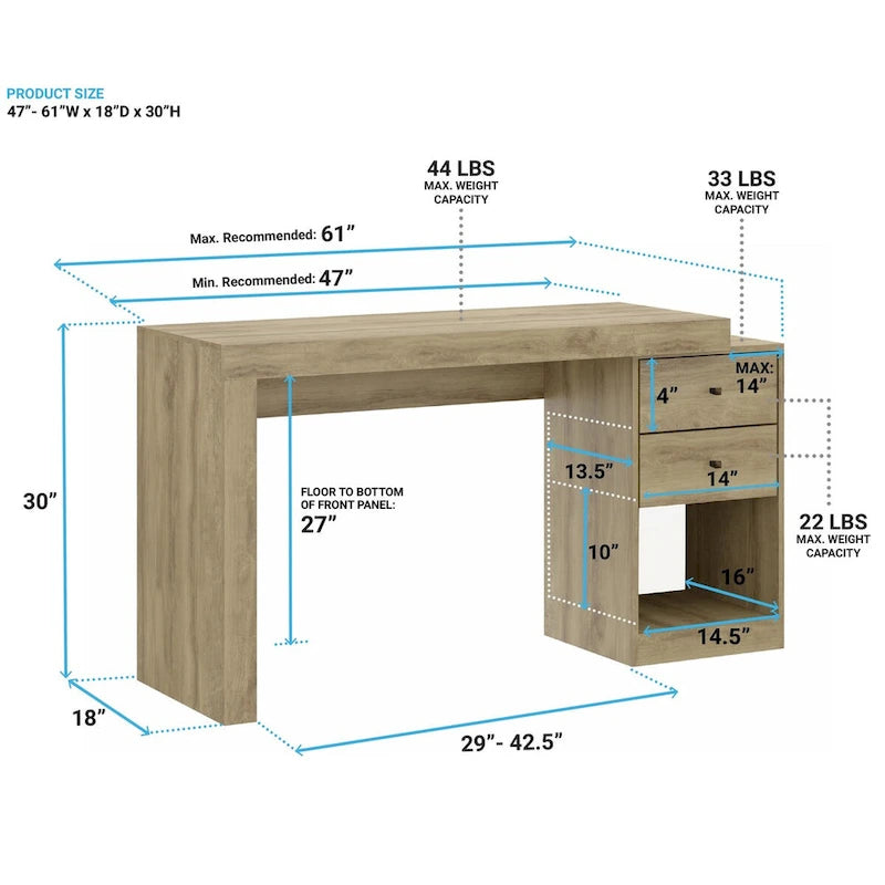 Expandable 47 to 61 Inches Home Office Desk