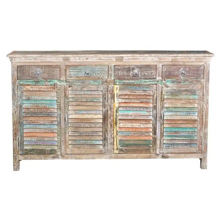 Buffet à volets, 4 tiroirs et 4 portes, blanc vintage