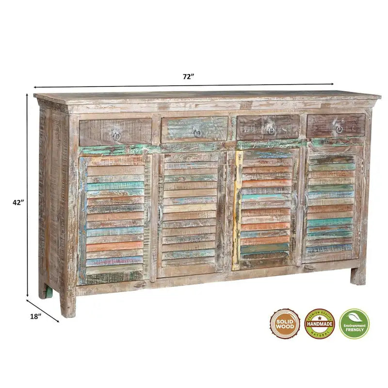 Buffet à volets, 4 tiroirs et 4 portes, blanc vintage