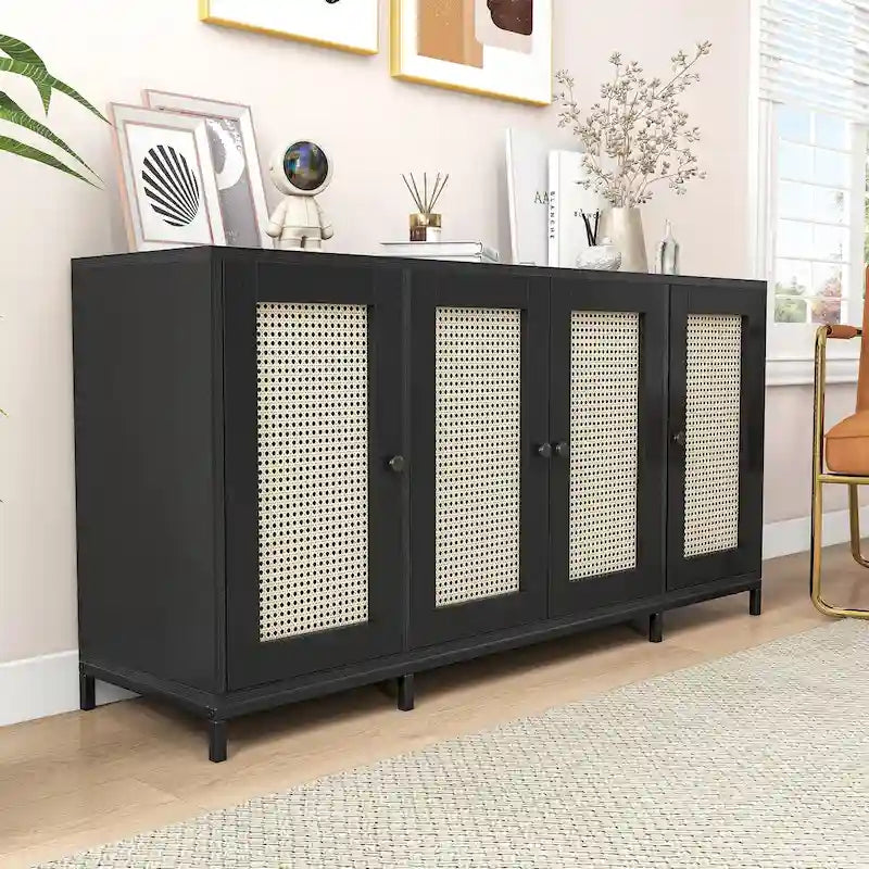 Buffet de rangement en bois de 59 pouces de largeur, 4 portes, avec étagères