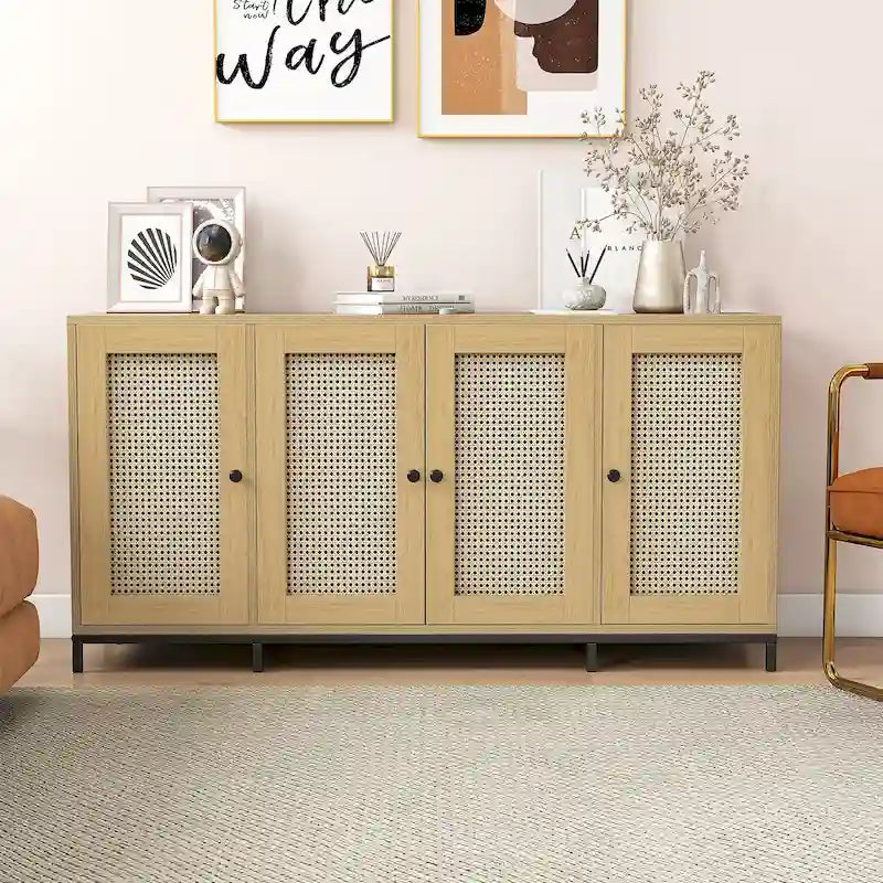 Buffet de rangement en bois de 59 pouces de largeur, 4 portes, avec étagères