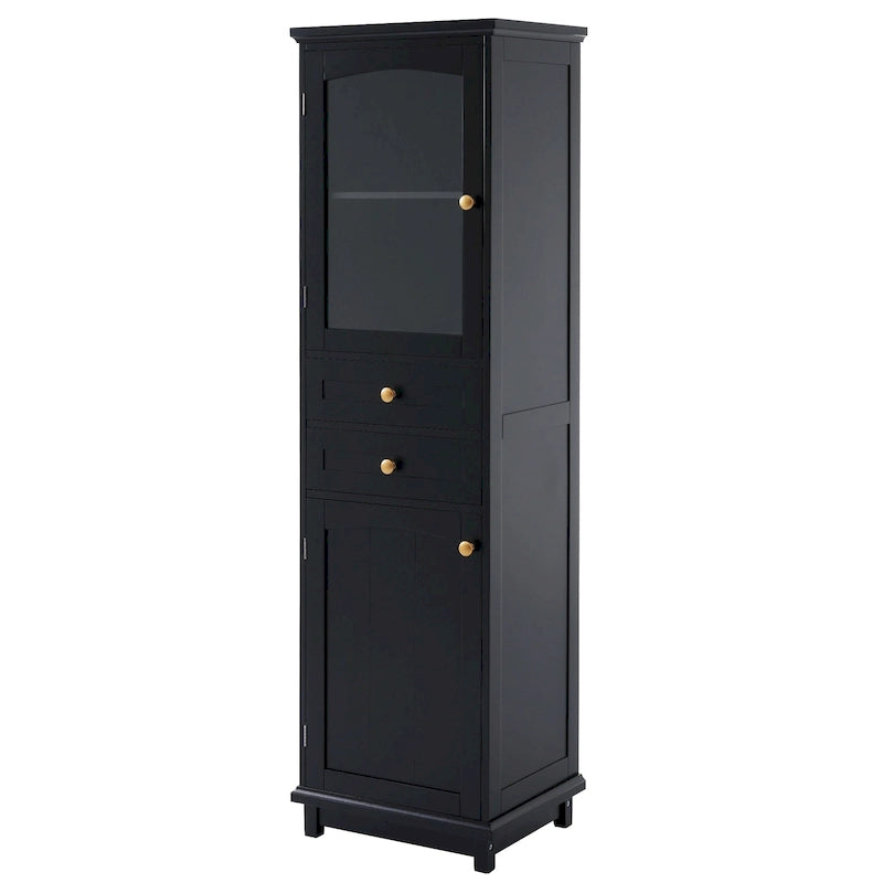 Tall Bathroom Storage Cabinet with Glass Doors and Two Drawers