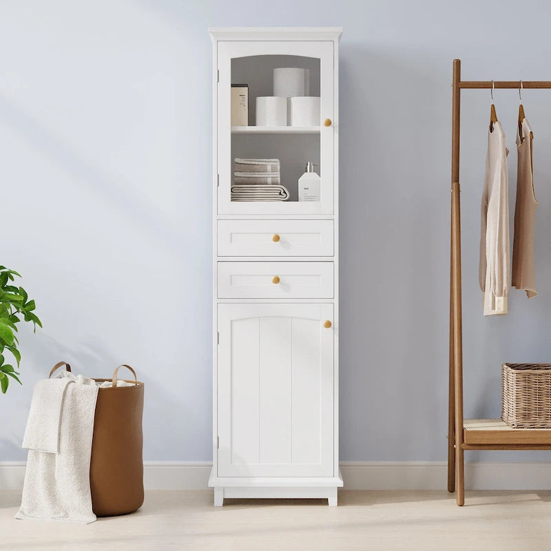 Tall Bathroom Storage Cabinet with Glass Doors and Two Drawers