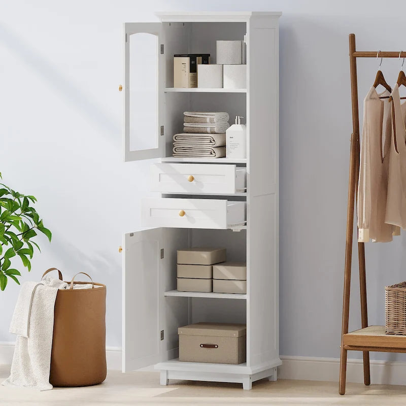 Mobile contenitore alto da bagno con ante in vetro e due cassetti